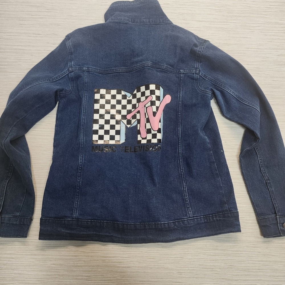 MTV Music Television Denim Jacket Girls XL 14-16 Dark Wash Retro Logo Trucker